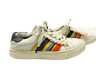Tênis Tory Burch Sport Feminino Tamanho 6M Couro Parte Superior 48494 Babado Arco-íris - Imagem 1 de 4