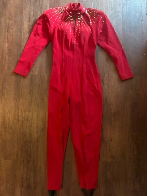 Mono Tadashi Shoji Vintage Años 80 Rojo Tachonado Estribos Elastizado Desfile Fiesta Foto 1 de 4