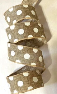 5 Yds. of 1.5 TAN w WHITE Dots WIRED LINEN RIBBON for Wreath TREE Topper cr - Picture 1 of 2