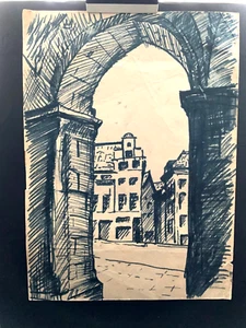 STREET SCENE view from UNDER THE ARC ink drawing by Russian artist - Foto 1 di 2