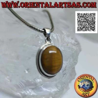 Ciondolo in argento 925‰ occhio di tigre ovale a striature verticali contornato  - Immagine 1 di 4