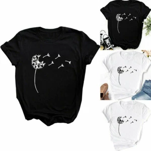 Sommer Damen Rundhals Kurzarm T-Shirt Pusteblume bedruckt Basic Tee Tops - Bild 1 von 77