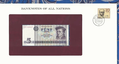 Banknotes of All Nations GDR East Germany 1975 5 Mark UNC P 27a IH008847 Low - Image 1 of 3