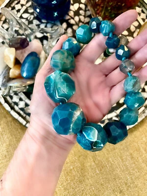 Raro Collar de Cuentas Gruesas Piedra Cristal Ágata Facetado Azul KJLane Ajustable 22" Foto 1 de 4
