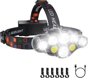 Rechargeable Headlamp, 8 LED 18000 High Lumen Bright Headlamp with Red Light - Picture 1 of 11