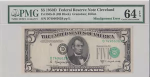 1950 D $5 Federal Reserve Note With Major Misaligned Overprint Error PMG64 EPQ - Picture 1 of 2