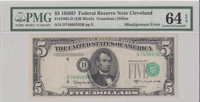 1950 D $5 Federal Reserve Note With Major Misaligned Overprint Error PMG64 EPQ - Image 1 of 2