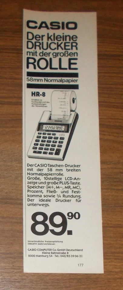 Seltene Werbung vintage CASIO HR-8 Taschenrechner Taschen-Drucker 1984 - Image 1 of 1