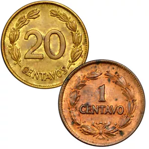 ECUADOR 1 Centavo & 20 Centavos 1928/42 UNC (2 coins) - Foto 1 di 6