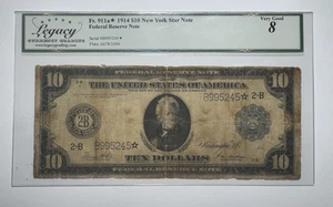1914 $10 Federal Reserve Star Note Fr. 911a* New York, Legacy 8 - Picture 1 of 2