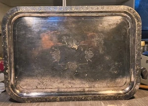 ANTIQUE MERIDEN SILVER PLATED QUADRUPLEPLATE CO SERVING TRAY #80 13 X 18 ETCHED - Picture 1 of 3