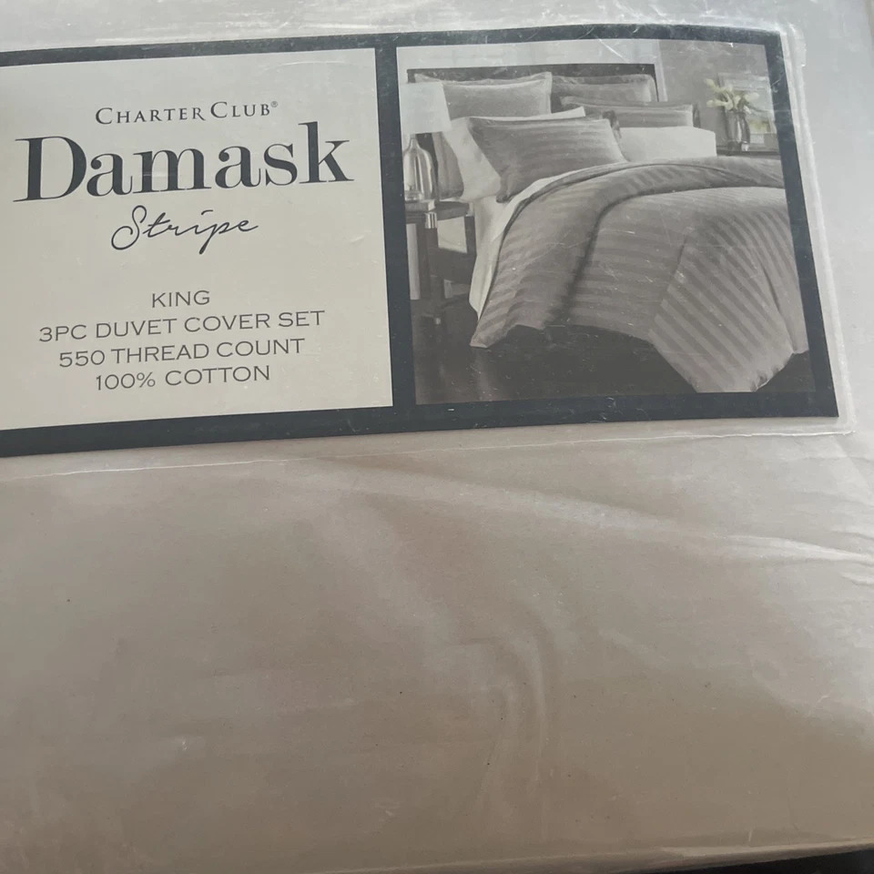 Charter Club Damask Stripe 550 Thread Count KING Duvet & Shams Set White - Image 1 of 4