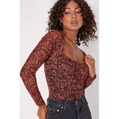 Lulus Major Aesthetic Black and Orange Floral Mesh Bodysuit Women's Size M - Photo 1/4