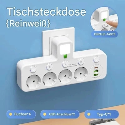MARKENLOS 4 Fach EU Steckdose Mehrfachstecker Steckdosenleiste Adapter Mit USB