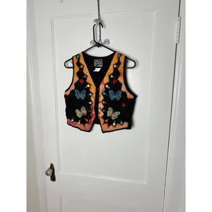 Vintage 90s Embroidered Butterfly Vest Women’s Large Boho Hippie Festival Top - Picture 1 of 6