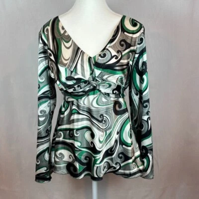 Vestido Granero Mujer Satén Manga Acampanada Verde Bebé Muñeca Atado Blusa Talla Pequeña L Foto 1 de 4