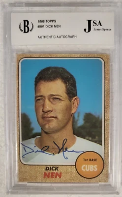 1968 TOPPS DICK NEN CHICAGO CUBS SIGNED AUTOGRAPHED AUTO #591 CARD JSA - Image 1 of 2