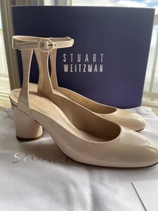 Stuart Weitzman*RARE*Shape Cashew Gloss Patent leather Halo Strap Block Heel 9M - Picture 1 of 20