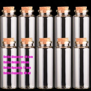 50 un. botellas de vidrio transparente de 40 ml botellas de corcho frascos vacíos favores de boda 30*80 mm - Imagen 1 de 3