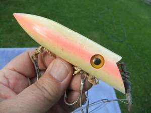 Vntg Used Martin 4 1/2" Pearl Red Head Wooden Salmon Plug Seattle WA 2-Part Box - Picture 1 of 16