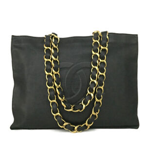 CHANEL CC Logo Lambskin Chain Large Shoulder Tote Bag Black/4X0698