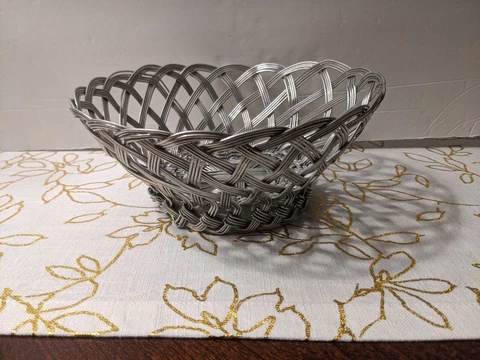Vintage Aluminum Metal Art Basket Large Woven Bowl Modern Silver Fruit Bread Cover