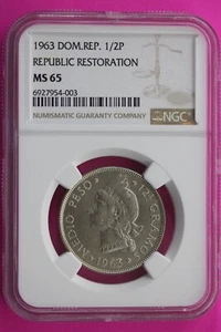 1963 MS 65 Dominican Republic 1/2 Peso Silver Coin NGC Certified Graded Slab 160 - Picture 1 of 3
