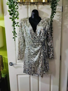 H&M Sequin Wrap Dress Light beige/Silver-coloured Size S Rrp £49.99 Long Sleeve - Picture 1 of 4
