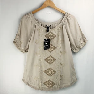 LUCKY BRAND Embroidered Semi-Sheer Diamond Cut-Out Retro Peasant Top XS+S $89MSR - Picture 1 of 8