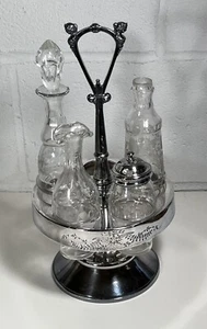 Antique Wilcox Silver Plate Rotating 5 Condiment Cruet Set #533 Etched Glass - Picture 1 of 21