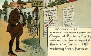 c1910 Postal Holiday Lies- to Anyone, Staying at Bunkum Castle, Man toma Bus - Imagen 1 de 2