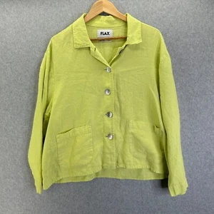 FLAX Medium Long Sleeve Blouse Shirt Lime Green Button Linen Lagenlook Collar - Picture 1 of 11