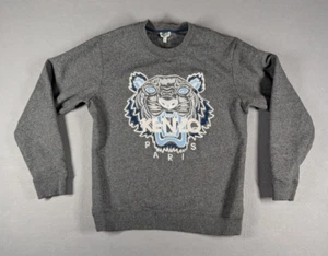 Kenzo Paris Sweatshirt Mens Medium Grey Tiger Embroidered Streetwear Hip Hop - Picture 1 of 10