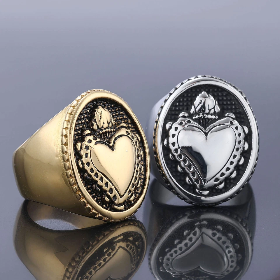 Heart Shaped Stainless Steel Ring Biker Style Couple Ring Vintage Polish Silver - Image 1 of 1