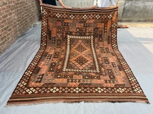 7x10 Vintage Afghan Kilim Rug Brown Terracotta Handwoven Wool Living Room Rug - Picture 1 of 11