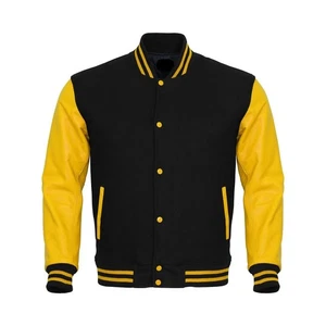Chaqueta Universitaria Lana Negro Cuerpo Amarillo Cuero Manga Hombre Talla XL - Imagen 1 de 4