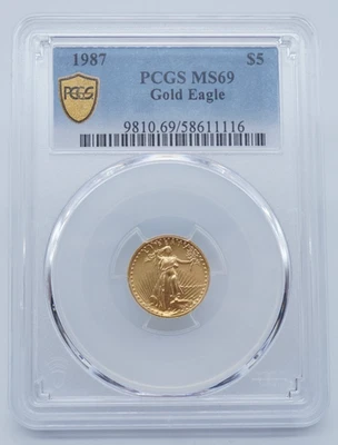 1987 $5 1/10 oz American Gold Eagle PCGS MS69 Gold Shield Label - U2430 - Image 1 of 4