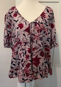 LUCKY BRAND Womens TOP Short Sleeve BLUE Burgundy FLORAL V-Neck Peplum Size XL - Picture 1 of 5