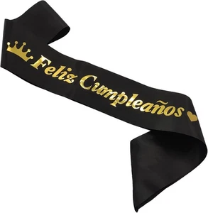 Feliz Cumpleaños Sash Happy Birthday Spanish Carnival Mexico Black-a - Picture 1 of 7