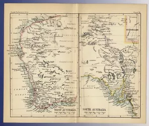 1888 ORIGINAL ANTIQUE MAP OF WEST AUSTRALIA PERTH / SOUTH AUSTRALIA ADELAIDE - Picture 1 of 3