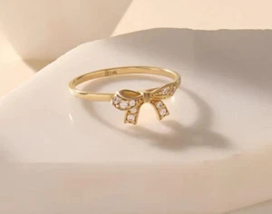 14k Solid Yellow Gold Dainty Love Knot Ring Trendy Everyday Ring Real Diamond - Picture 1 of 7