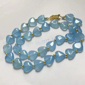 12mm Natural Blue Aquamarine Heart Shaped Gemstone Beads Necklace 14-100'' - Picture 1 of 18