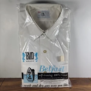 Vintage BVD Belfast Cotton Men’s White Dress Shirt Button Up Self Ironing NOS - Picture 1 of 5