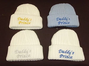 Baby Knitted Wool Embroidered Personalised Hat With Saying Daddy's Prince  - Picture 1 of 11