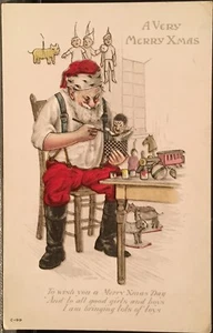 Christmas ~ Santa Claus In Shirtsleeves In Workshop Painting Jack in the Box Toy - Picture 1 of 2