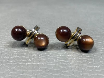 Vintage Brown Lucite Double Ball Yellow Gold Plated Cuff Links - Image 1 of 3