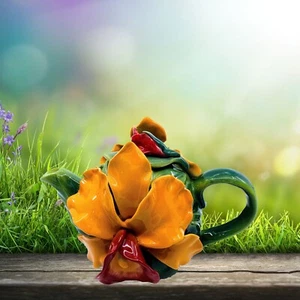 Cosmos Gifts; AppleTree Design, Orange Orchid Flower Teapot, Item# 56633 - Picture 1 of 7