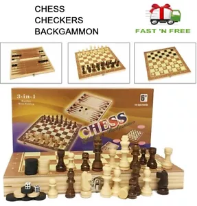 3 in 1 Folding Wooden CHESS CHECKERS BACKGAMMON Board BRAIN Game Home Outdoor - Picture 1 of 6