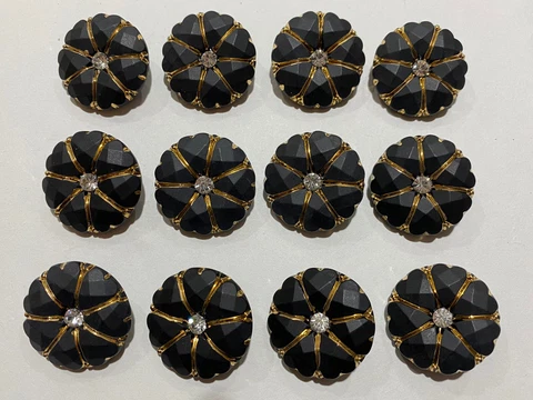 27MM VINTAGE CZECH GLASS BLACK/GOLD FLORAL BUTTONS WITH SELF SHANK(12 PCS) Cover