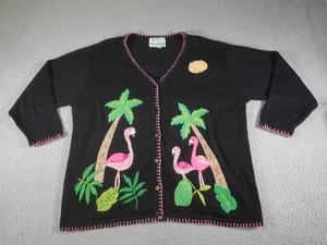Vintage Flamingo Sweater Womens 2XL Black Palm Tree Cardigan Embroidered Beach - Picture 1 of 12
